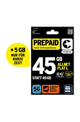 Produktbild von congstar Prepaid Allnet L: 45 GB Datenvolumen & Flatrate für Telefonie und SMS, 5G-Speed, EU-Roaming