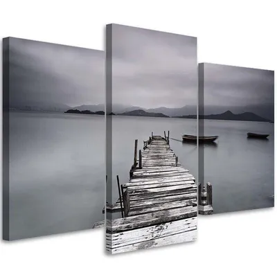 Produktbild von Triptychon auf leinwand winterlicher see 150x100 cm Feeby grau wandbild bereit zum aufhängen