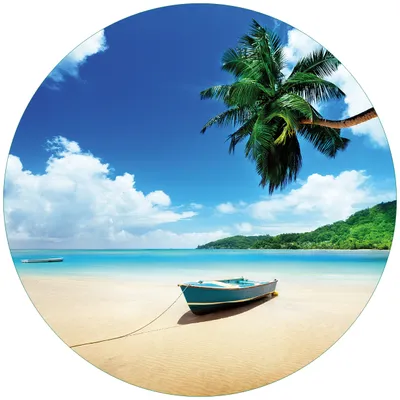 Produktbild von Wallario Premium Glasbild, freischwebende Optik, kräftige Farben, rund 50cm Durchmesser, Motiv Urlaub am Palmenstrand unter Palmen mit Fischerboot