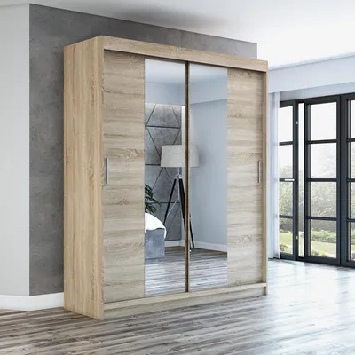 Produktbild von Schwebetürenschrank, 2-türig Schrank mit Spiegel! Moderne Garderobe für Kleidung. Verschiedene Farben (Weiß, Schwarz, Somona) Kleiderschrank NEO 180 cm