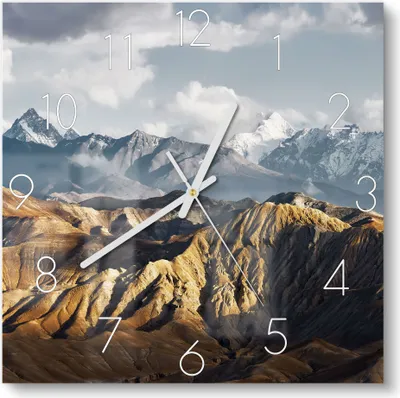 Produktbild von DEQORI Glasuhr 30x30 cm Zahlen 'Bergkettenpanorama' Wanduhr Glas Uhr Design leise