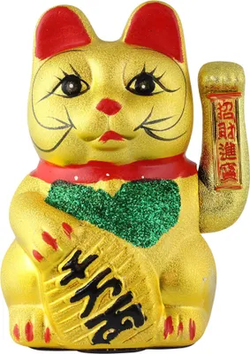 A golden Maneki Neko cat figurine with red and green accents, holding a golden ingot with Chinese characters.
