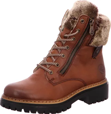 A single brown leather boot with fur trim and laces is shown against a white background.