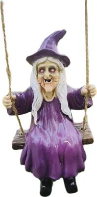 Produktbild von Halloween-Schaukel-Geisterstatue aus Kunstharz, Geisterhund, Hexe auf einer Schaukel, Figur, Baumschmuck zum Aufhängen im Freien für Garten, Terrasse, Rasen, Hof, Dekoration