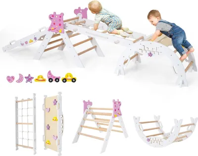 Produktbild von GOPLUS Klettergerüst, 4er Set Kletterspielzeug mit Kletternetz, Kletterbogen, Wippe & Leiter, inkl. Baustein Set, Kletterdreieck für Kinder, Einhorn