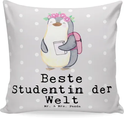 Produktbild von Mr. & Mrs. Panda kissen für couch Pinguin Beste Studentin der Welt - Grau Pastell - Geschenk, Spaß, Sofa, 40x40, Deko, Kuschelkissen, Tochter, Geschenkidee, Hochschule
