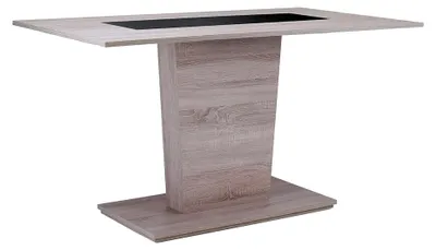 Produktbild von Esszimmertisch in Eiche-Optik mit wendbarer Einlage in schwarz oder weiß / Kleiner Esstisch mit Säulenfuß / 110 x 75 x 70 cm (BxHxT)