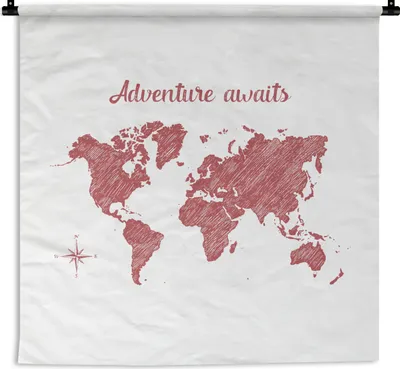 Produktbild von MuchoWow® Wandteppich Wandbehang Weltkarte - Rot - Zitat 150x150 cm Tapisserie Dekoration Wandtuch - Wohnaccessoires - Modernes