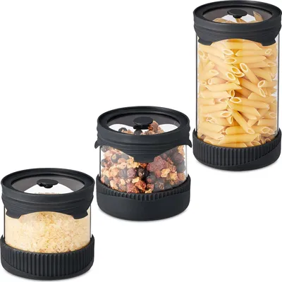 Produktbild von Relaxdays Vorratsgläser mit Deckel, 3er Set, Glas, Silikon, 450 & 1000 ml, mikrowellengeeignet, transparent/schwarz