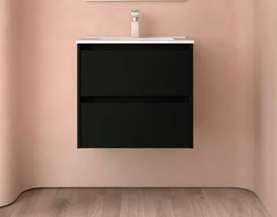 Productafbeelding van Noja onderkast voor onder de wastafel, 600 cm breed, met 2 lades + zwarte satijnlook wastafel