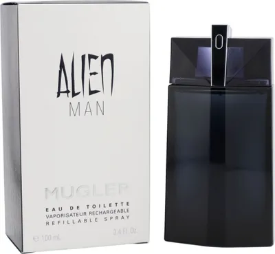 Mugler Alien Man Eau de Toilette 100 ml mit kantigem, dunkelviolettem Flakon neben eleganter, weißer Verpackung mit schwarzem Logo-Schriftzug.