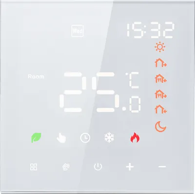 A digital thermostat display showing the room temperature, time, and various icons representing different modes or functions.