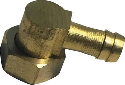 A close-up shot of a brass 90-degree elbow fitting with a hose barb.