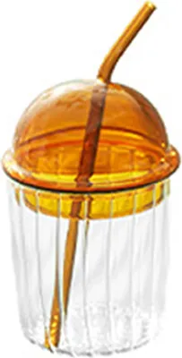 Produktbild von Trinkbecher mit Deckel und Strohhalm-Ripple Glas Eiskaffee Gläser mit Trinkhalm - Breite Trinkgläser für Eistee, Getränke mit Sahne, Milchshakes, Cocktail, gelb, 460 ml