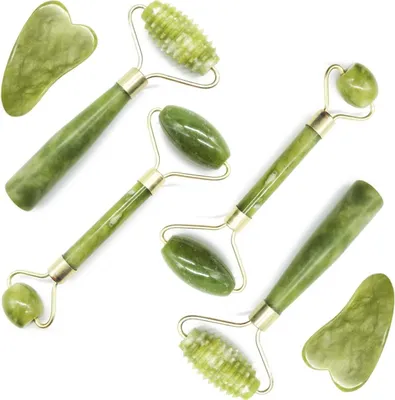 Produktbild von 6-teiliges Massagewerkzeug-Set, 4-teiliges Jade-Roller-Set für das Gesicht, geriffelte Roller, Hautroller mit 2 Schabe-Massagewerkzeugen, Anti-Aging und Falten für Gesicht, Augen, Hals, Körper für die Lymphmassage