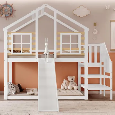 Image de Lit à grimper avec toboggan & fenêtre - Lit de jeu sûr avec toboggan, échelle d'escalade et design de maison en rondins pour enfants. 90x200 cm, Blanc