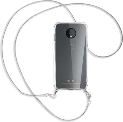 Produktbild von Handykette Backcover-Schutzhülle mit Band (Metall silberfarben) für Motorola Moto Z3 Play - silberfarbene Kette Snake