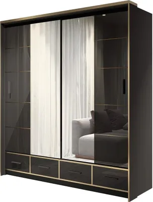 Produktbild von BETTSO Schwebetürenschrank 203 cm mit Spiegel und 4 Schubladen Kleiderschrank mit Kleiderstange und Led Belechtung Einlegeboden BENCH Schwarz+Schwarz