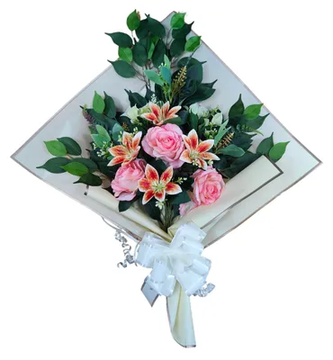 Künstliches Grabbukett, Rosen und rosa Lilien, 73x63x20 cm