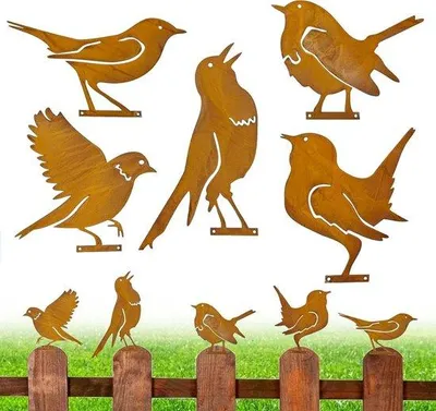 Image de Décoration d'oiseaux pour arbre, clôture, cour intérieure, lot de 5 pièces, métal, couleur rouille