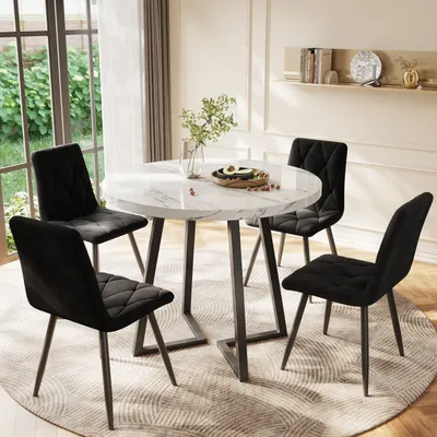 Produktbild von okwish Esszimmer Sitzgruppe für 4 Personen(5tlg.), Esstisch mit 4 Stühlen, Esszimmertisch Rund(80cm) mit Polsterstühle(Samt) für Zuhause, Schlafzimmer, schwarz
