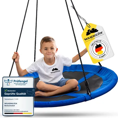 Produktbild von WOLKENGLÜCK® Nestschaukel [Ø 110 cm] - Höhenverstellbare Schaukel Outdoor & Indoor für Kinder und Erwachsene [belastbar bis 150 kg] - Tellerschaukel inkl. Montage-Zubehör - Schaukel Kinder blau rund 110cm