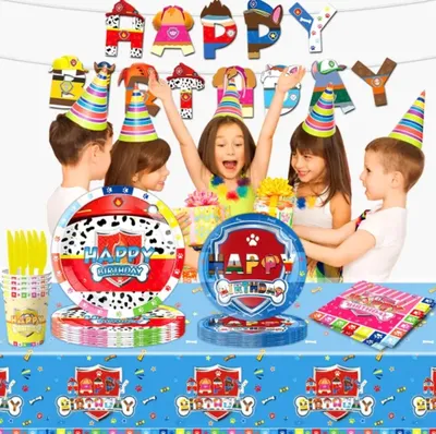 Produktbild von Kindergeschirr-Set Paw Patrol Party Deko Set 10 Gäste Chase Teller Servietten