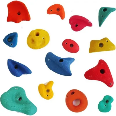 A collection of colorful climbing holds arranged on a white background.