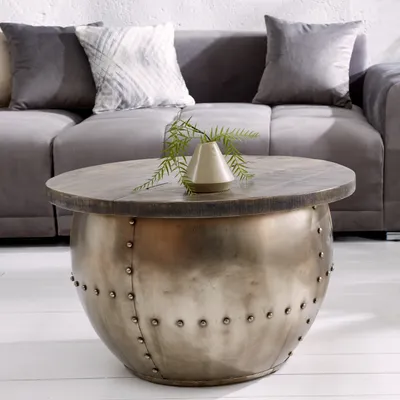 Produktbild von cagü: Industriedesign Couchtisch [PULIM] Grau aus Mangoholz und pulverbeschichtetes Metall mit Schweißnieten 68cm Ø Rund