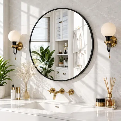 Zdjęcie produktu dla Lustro ścienne INONEFT, średnica 75 cm, okrągłe lustro do łazienki, czarne lustro do makijażu z metalową ramą, idealne do sypialni, przedpokoju, salonu