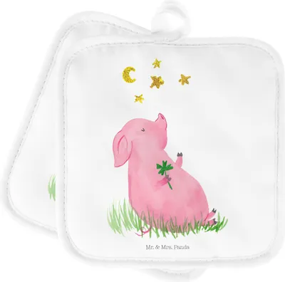 Produktbild von Mr. & Mrs. Panda Topfuntersetzer Schwein Glück - Weiß - Geschenk, Topflappen, Lustige Sprüche, Ziele, Set, Kochlappen, Ofenlappen, Glücksbringer, Sterne, Motivation