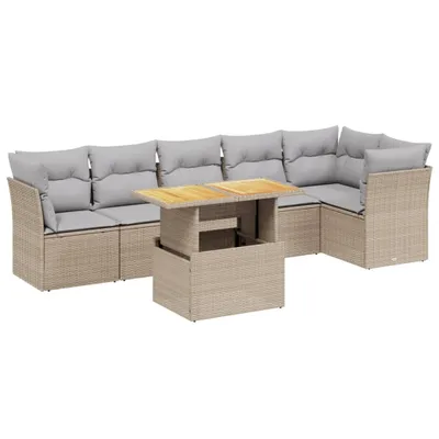Produktbild von Modulares Garten-Sofaset, 7-teilig, mit verstellbarem Tisch, Beige Poly Rattan, UV-beständig, abnehmbare Kissenbezüge Hellgrau