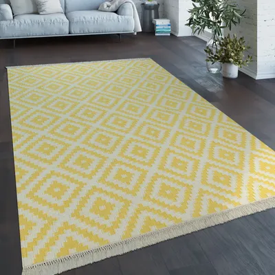 Immagine prodotto di Tappeto moderno con motivi marocchini tessuto a mano Skandi rombi frange giallo bianco dimensioni 140x200 cm