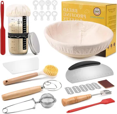 Imagen del producto de Cesta de mimbre para pan - Kit de inicio para masa madre - Elaboración artesanal de pan - Hecho a mano con mimbre - 23 cm de diámetro - Color marrón