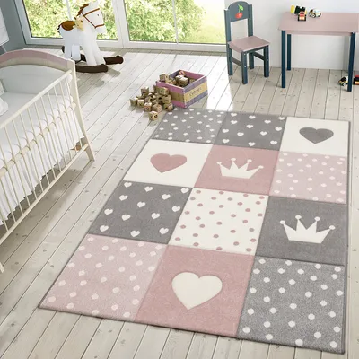 Produktbild von TT Home Kinder Teppich Spielteppich Karos Punkte Krone Herz Pastell Rosa Weiß Grau Größe 80x150 cm