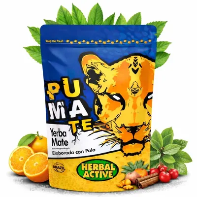 Image de Thé Yerba Mate PumaTe Herbal Active 500 g - Thé Yerba Mate élaboré à partir de Palo du Brésil, avec des arômes de fruits et d'herbes - Végétalien, séché à l'air libre