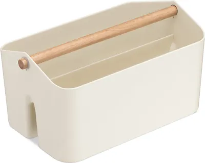 Produktbild von Navaris Aufbewahrungsbox mit Holzgriff - 2 Fächer Box Organizer in Bad Küche - Korb Aufbewahrung für Besteck Putzmittel tragbar klein - cremeweiß