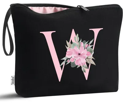 Produktbild von Kosmetiktasche mit personalisiertem A-Z Buchstabenprint, Baumwolle, Schwarz