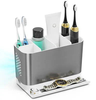 Zdjęcie produktu dla Uchwyt na szczoteczki elektryczne z miejscem na telefon i pierścionki, systemem zarządzania kablami, srebrny, 18x12x11.6 cm