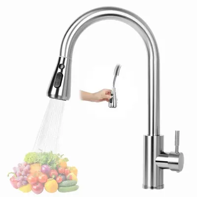 Produktbild von Edelstahl Küchenarmatur mit ausziehbarer Brause, Einhebelmischer für Warm- und Kaltwasser, Deckmontage Wasserhahn für Spüle