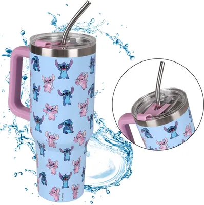 Produktbild von Disney Stitch and Angel Großer Thermobecher mit Deckel und Metallstrohhalm, Edelstahl, Reisebecher 1,18l