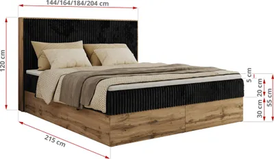 A bed with a headboard and mattress, with dimensions indicated.