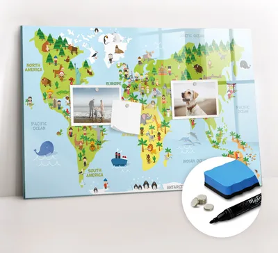 Produktbild von Magnetpinnwand Memoboard - Zubehörsatz - Schwarzer Marker + Schwamm + Magnete - 60 x 40 cm - Kulturelle Weltkarte