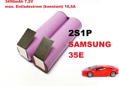 Two battery cells connected together with metal clips, with text and a small toy car in the background.