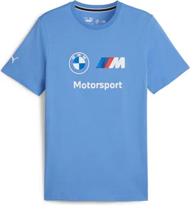 Produktbild von BMW M Motorsport T-Shirt Logo Puma, Offizieller Fanartikel, Blaues Shirt mit BMW Roundel und M Logo auf der Brust, Rundhalsausschnitt, 100% Baumwolle
