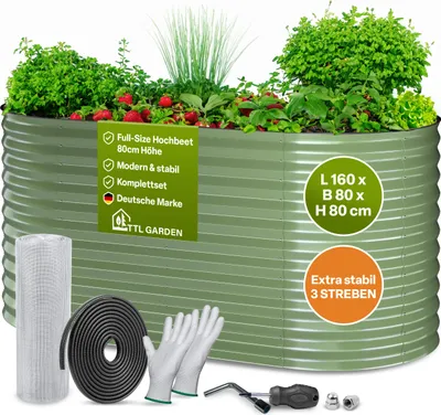 Produktbild von TTL GARDEN Hochbeet Nature M 160×80×80 cm – Metall Salbei-Grün oval & stabil