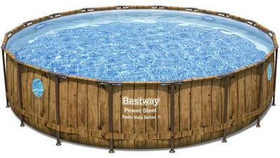 Produktbild von Bestway® Power Steel™ Swim Vista Series™ Frame Pool Komplett-Set mit Filterpumpe Ø 549 x 122 cm, Holz-Optik (Pinie), rund