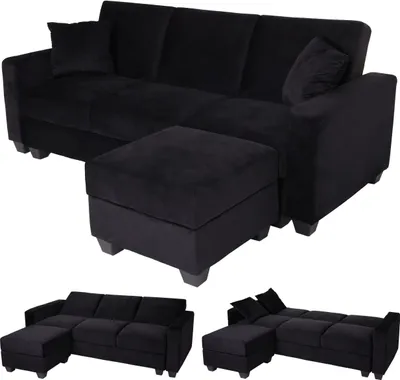 Immagine prodotto di Divano HWC-H47 con pouf, divano letto per ospiti, funzione letto, spazio di archiviazione 217x145cm ~ velluto nero