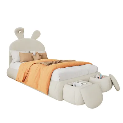 Produktbild von Polsterbett, Einzelbett(Weiss)Hasenohren mit einstellbarer Helligkeit Lichtstreifen, mit zwei Aufbewahrungshockern, Kinderbett mit Holzlatten,Samt