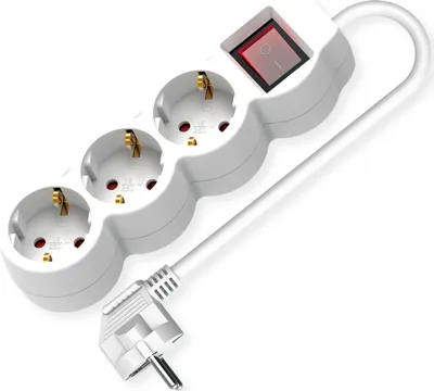 A white 3-way power strip with a red on/off switch and a European-style plug.